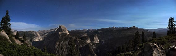 nighttime view of half dome, starr king and the high sierra from glacier point